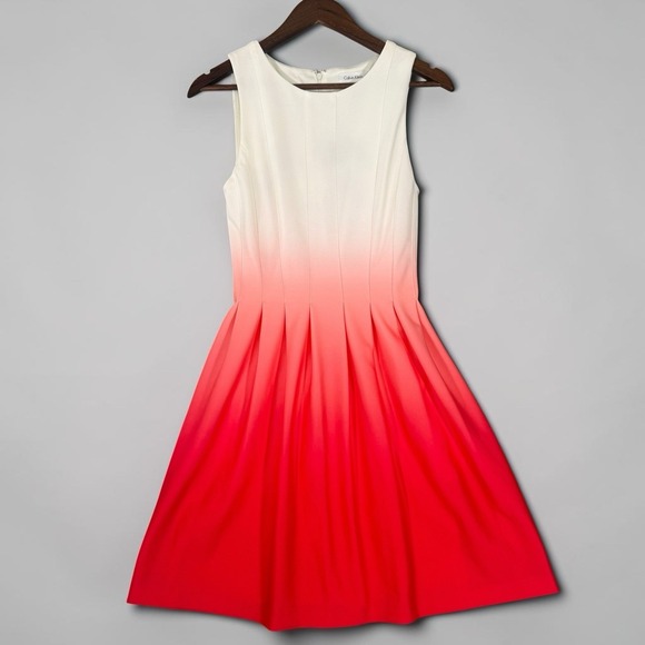 Calvin Klein Dresses & Skirts - Calvin Klein White Coral Ombre Fit and Flare Dress Sleeveless Mini Pockets Sz 2